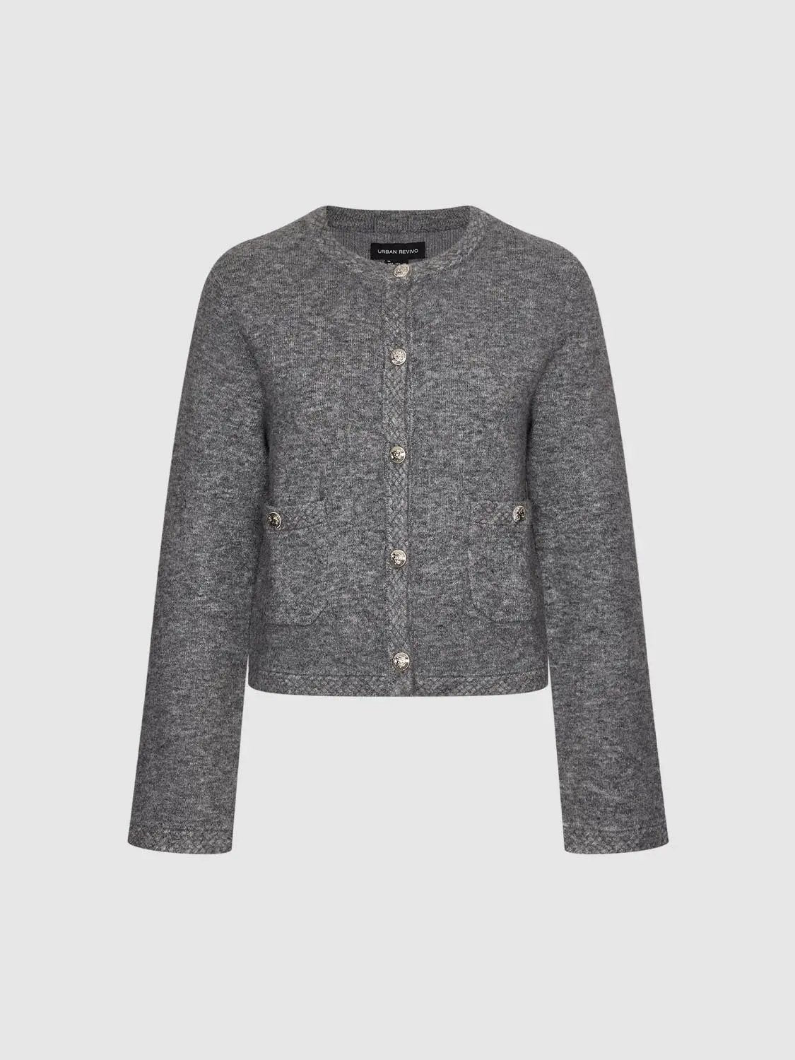 Crew-neck button-front long-sleeve knit cardigan in grey with front pockets by Urban Revivo