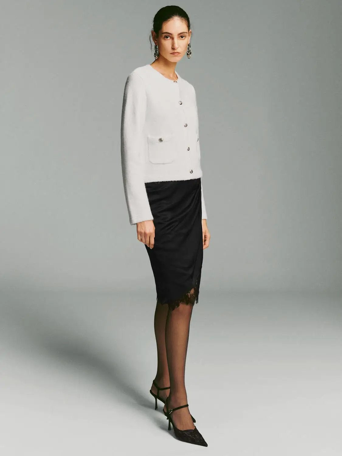 Crew Neck Button Front Long Sleeve Knitwear Jacket in white with a front patch pocket