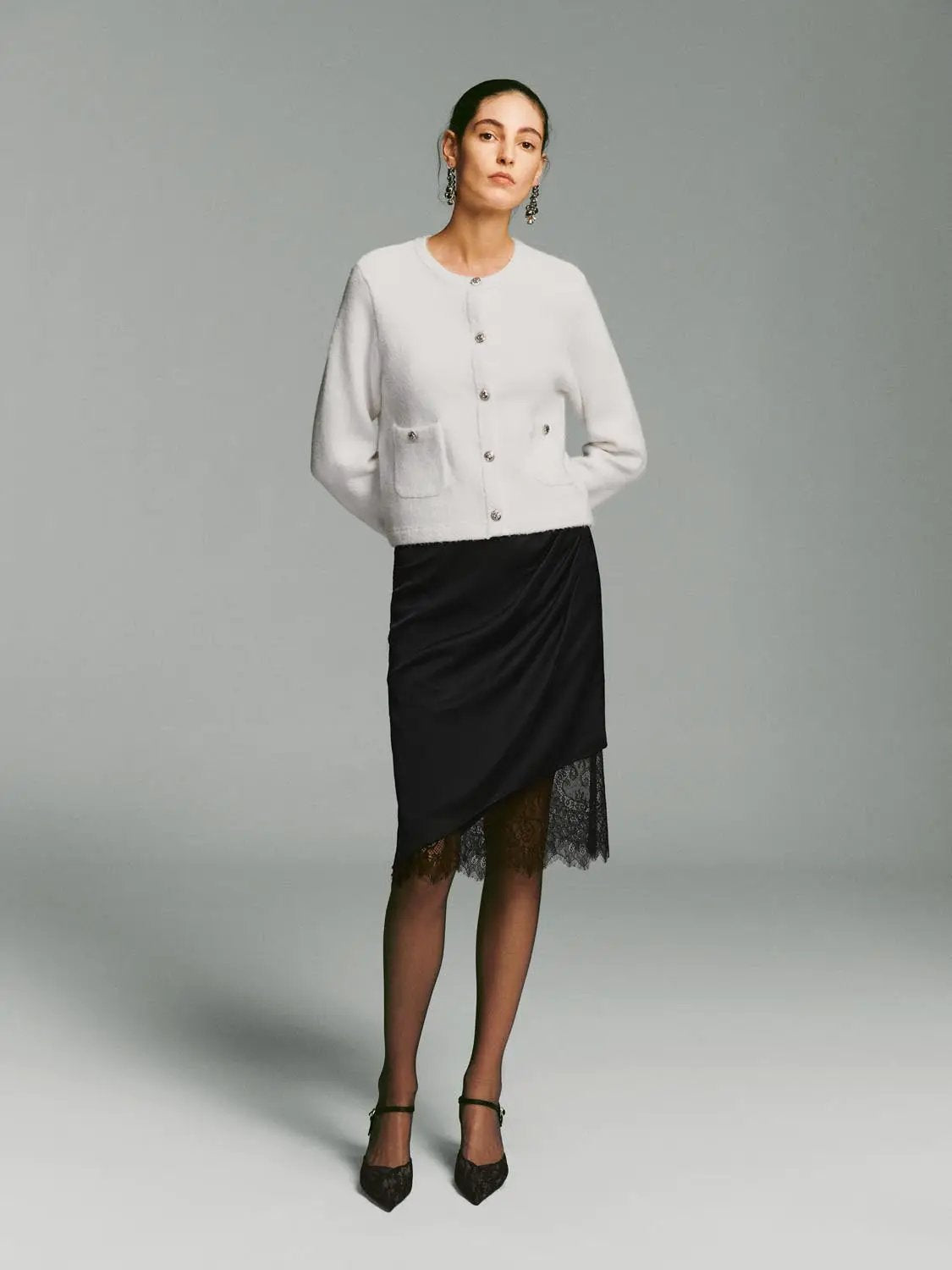 Crew Neck Button Front Long Sleeve Knitwear Jacket, white knit cardigan with patch pockets