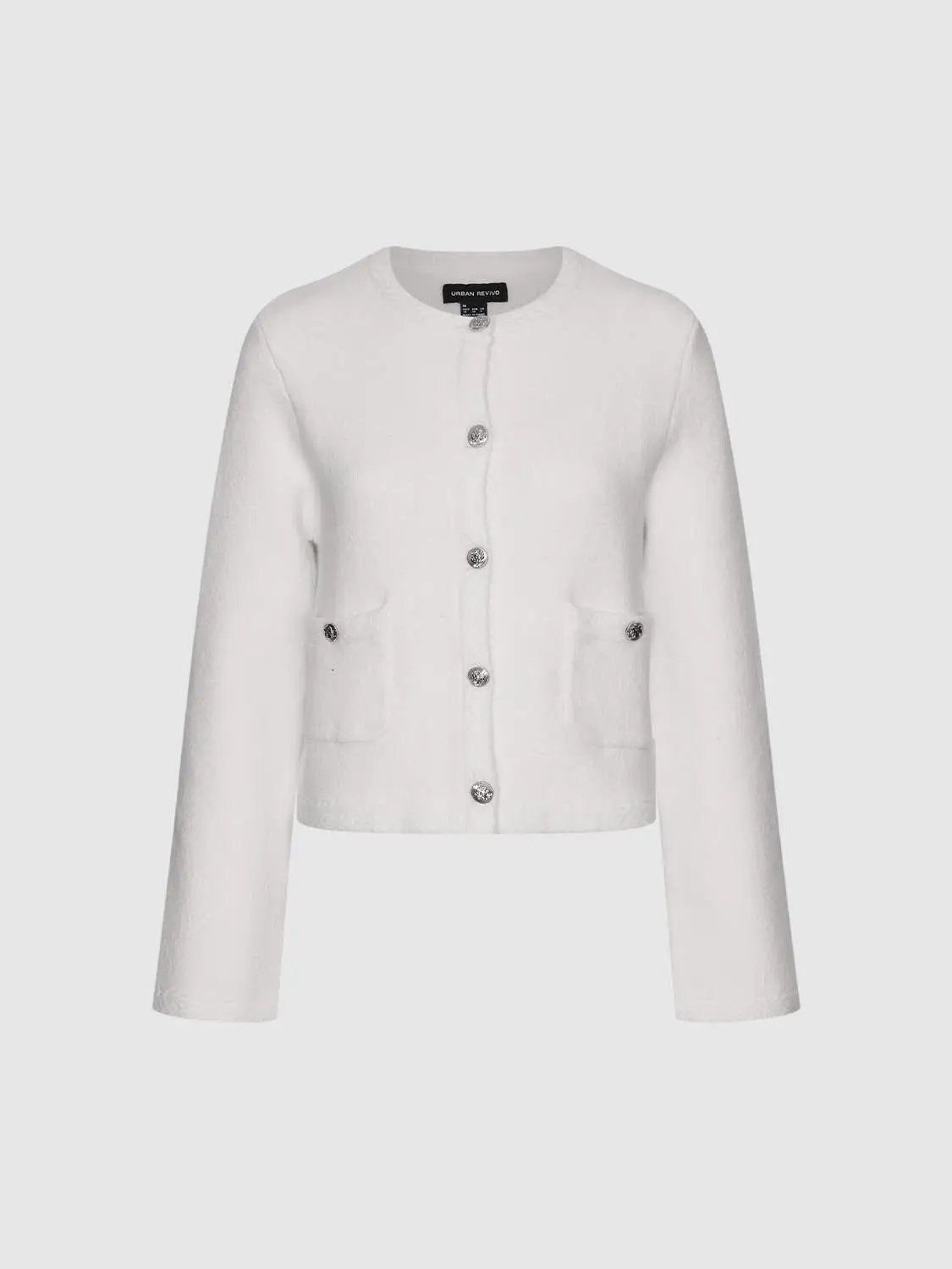 Urban Revivo white crew-neck knitted cardigan with front buttons and two pockets