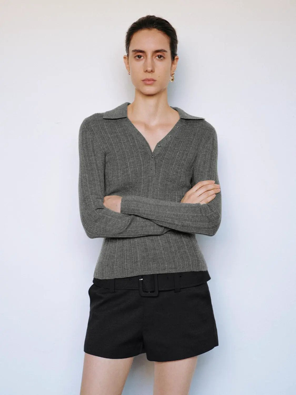 Ribbed Fitted Polo Collar Long Sleeve Sweater in gray, Urban Revivo Fashion