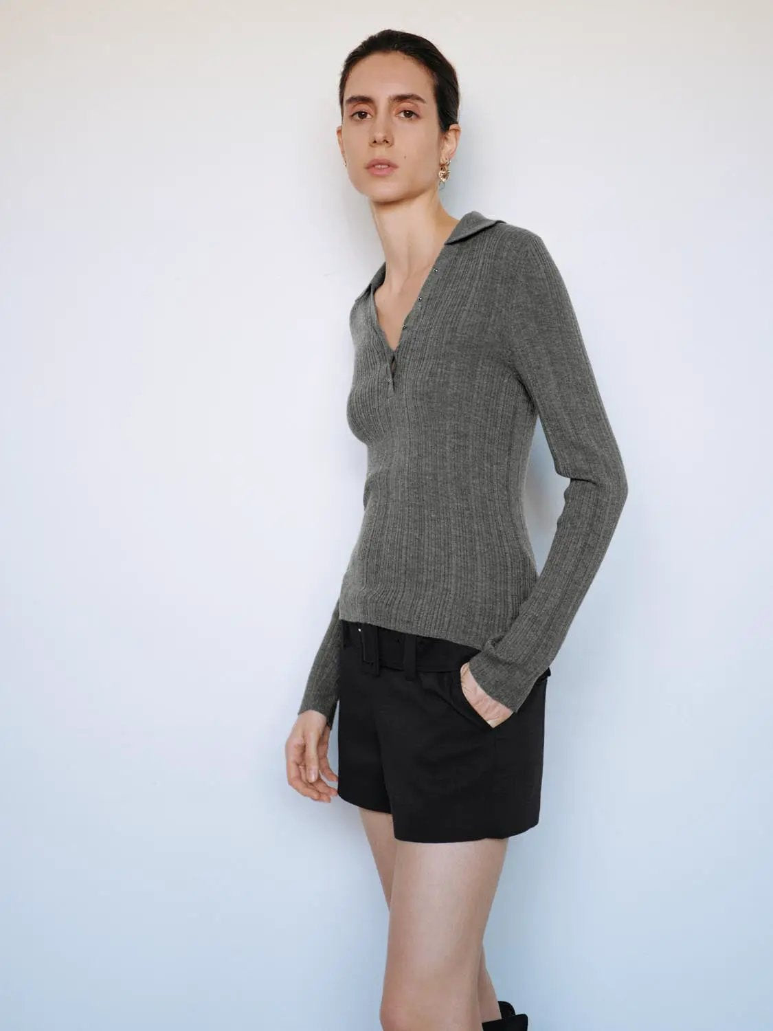 Ribbed fitted polo-collar long-sleeve gray knit sweater for women.