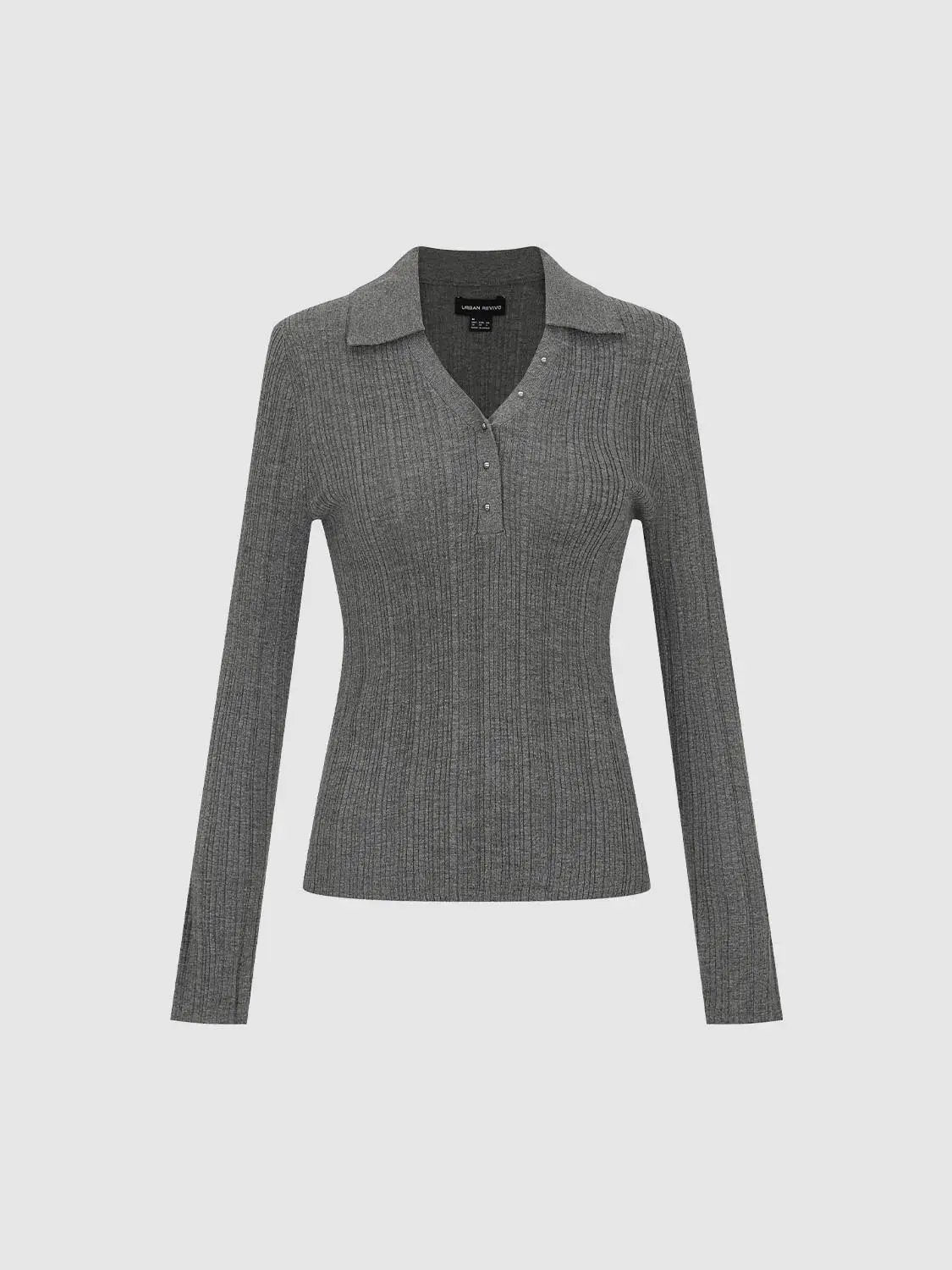 Ribbed fitted polo-collar long-sleeve sweater in grey, Urban Revivo Fashion knitted top