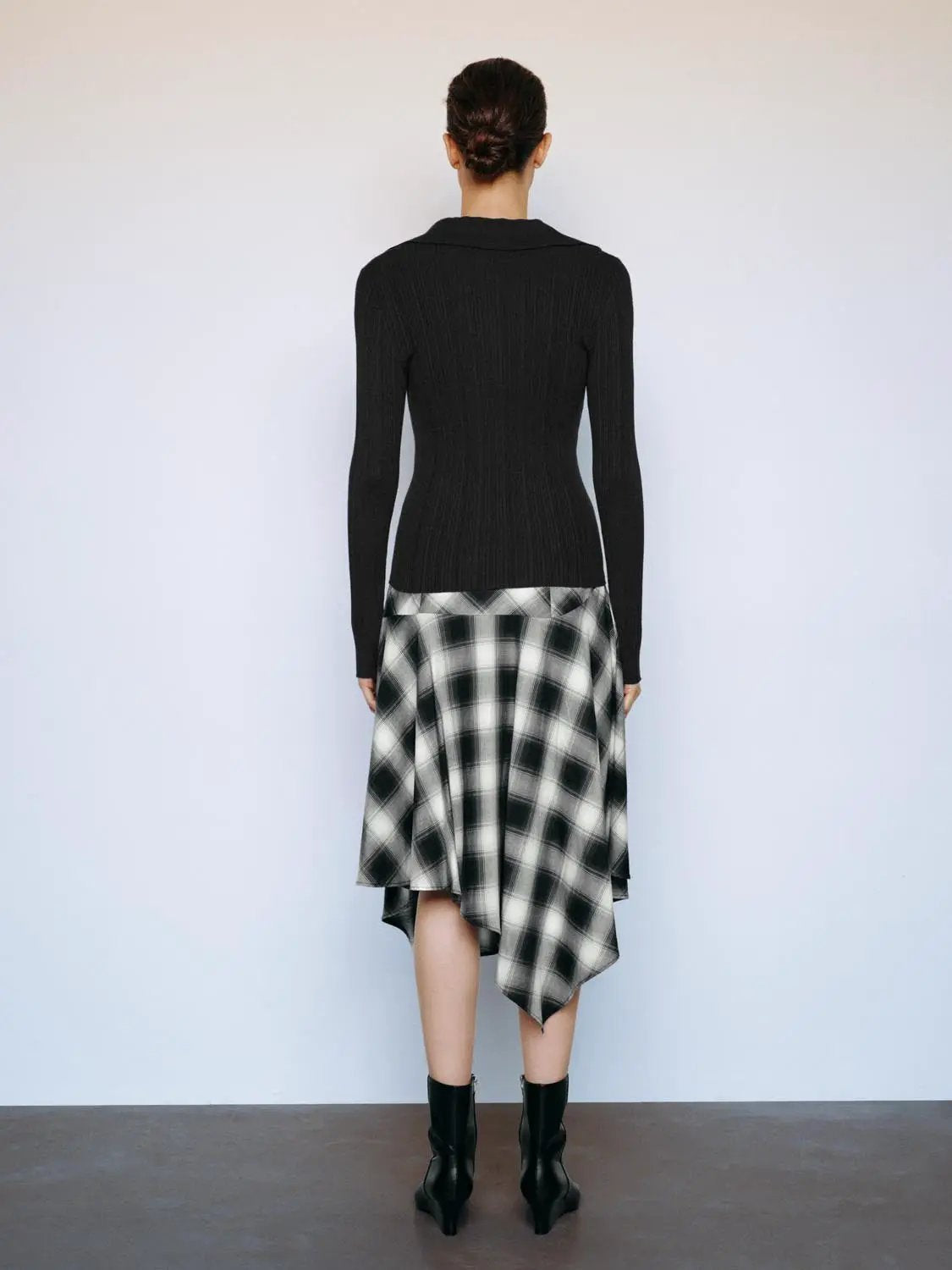 Ribbed Fitted Polo Collar Long Sleeve Sweater in black with black-and-white plaid midi skirt