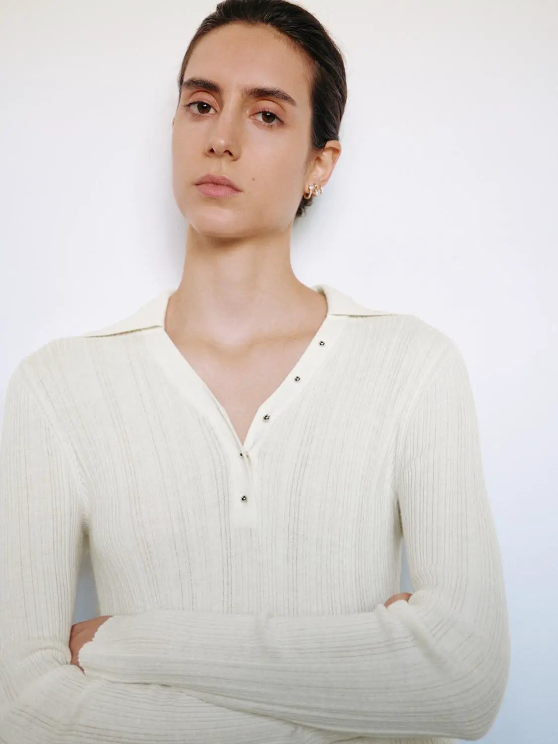 Ribbed Fitted Polo Collar Long Sleeve Sweater, cream knit fabric