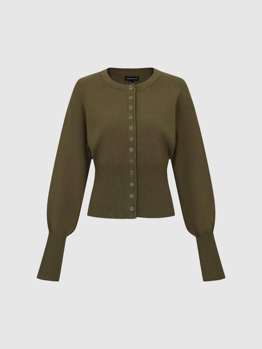 Gerippte Langarm-Strickjacke mit Rundhalsausschnitt und Knopfleiste