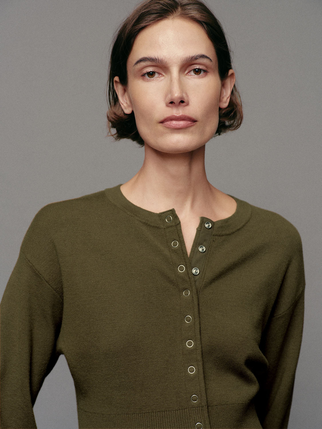 Ribbed button-front crew-neck long-sleeve cardigan in olive green by Urban Revivo Fashion