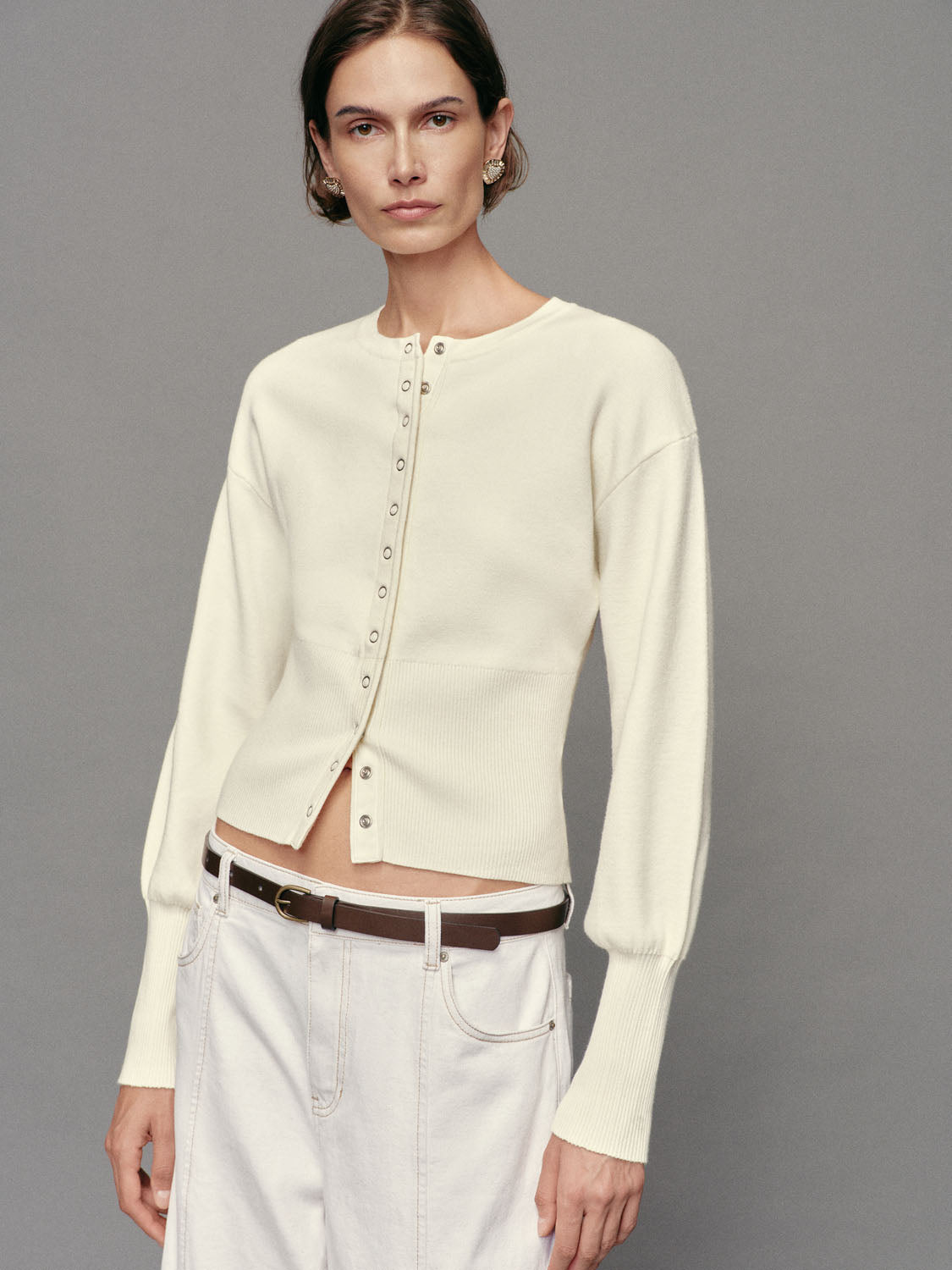 Ribbed button-front crew-neck long-sleeve cardigan in cream knit, cropped fit