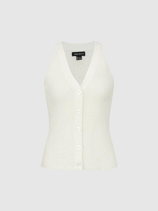 Ribbed Button Front Fitted V-Neck Sleeveless Knit Vest