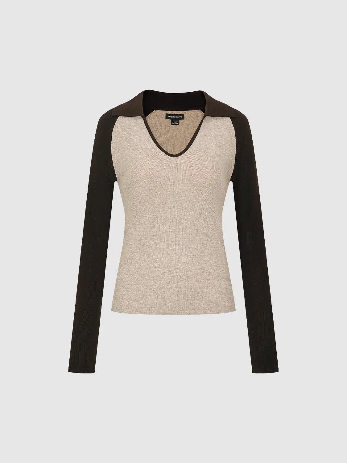 Fitted two-tone V-neck collared knit top, Urban Revivo beige body with dark brown long sleeves.