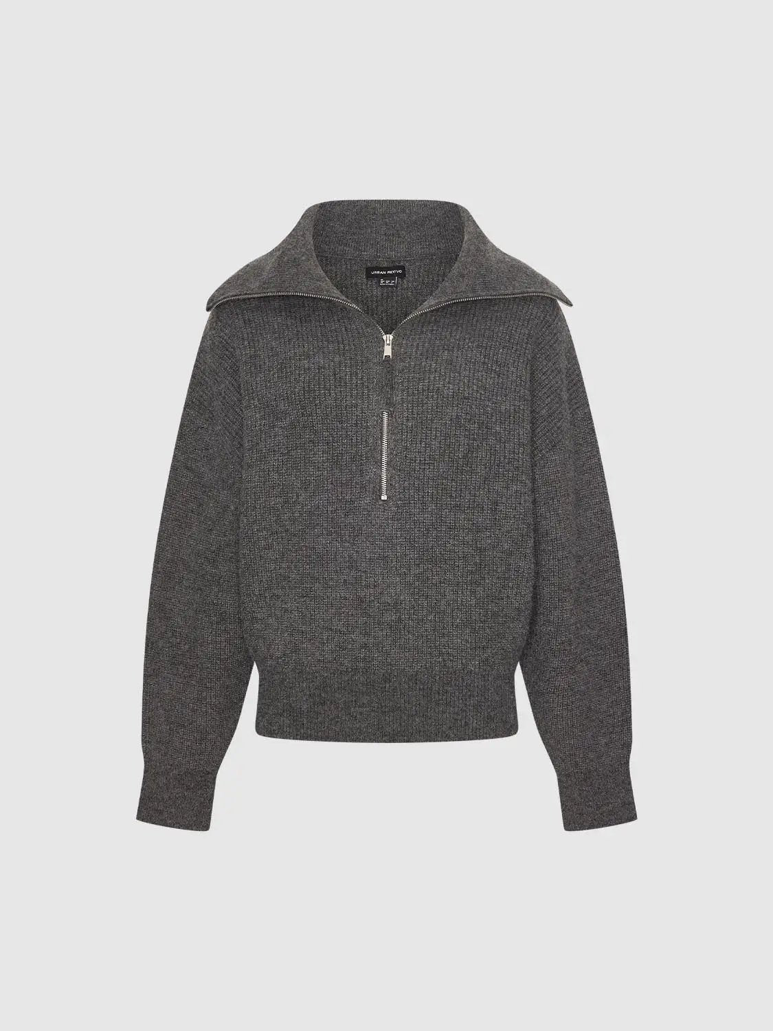 Knit Top by Urban Revivo Fashion; dark gray textured knit with zip collar and vertical front zip.