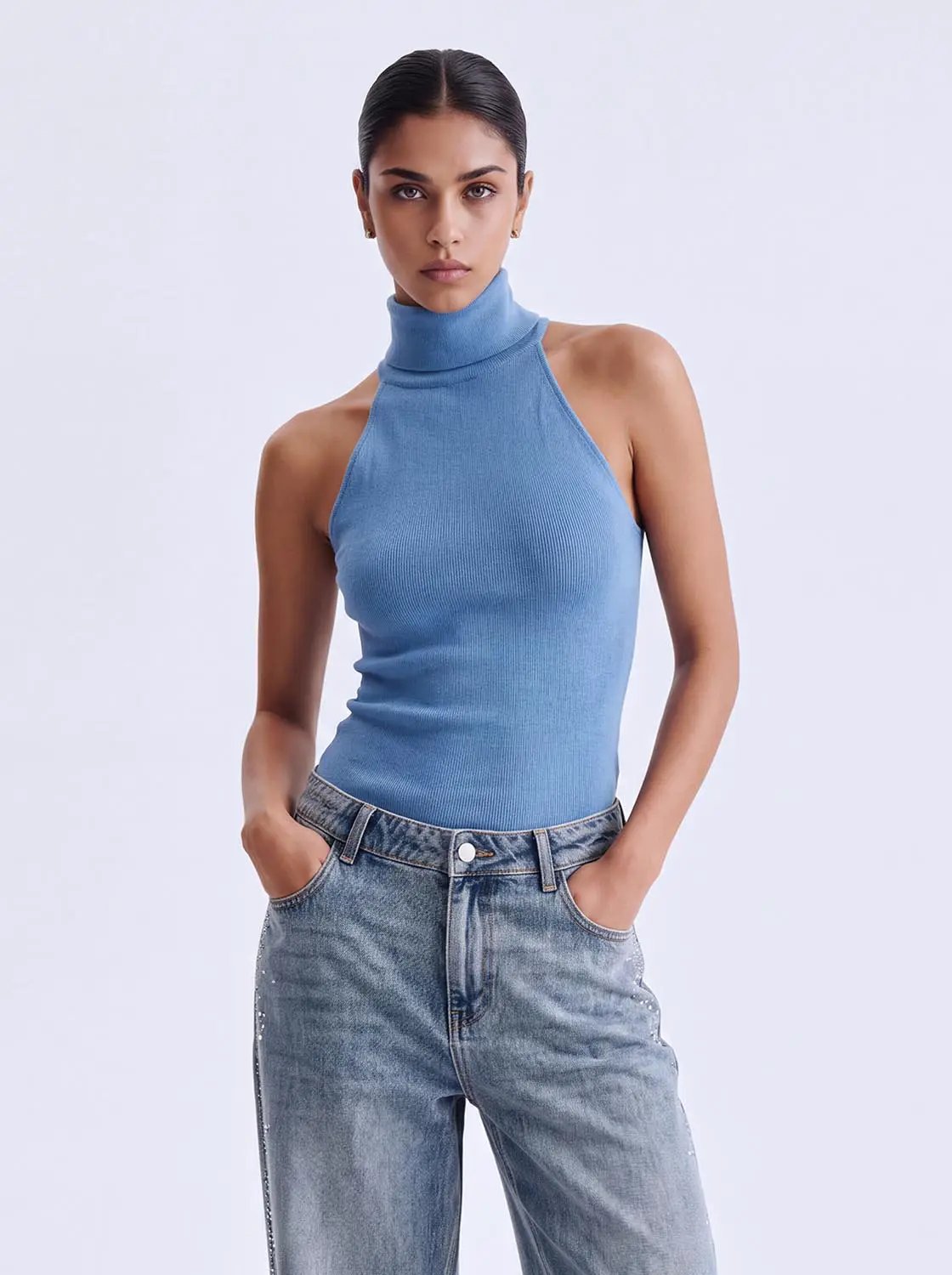 Knit T-Shirt light blue sleeveless turtleneck knit top