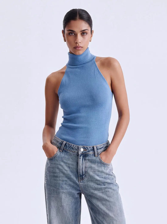 Fitted Ribbed Mock Neck Sleeveless Knit Tank Top