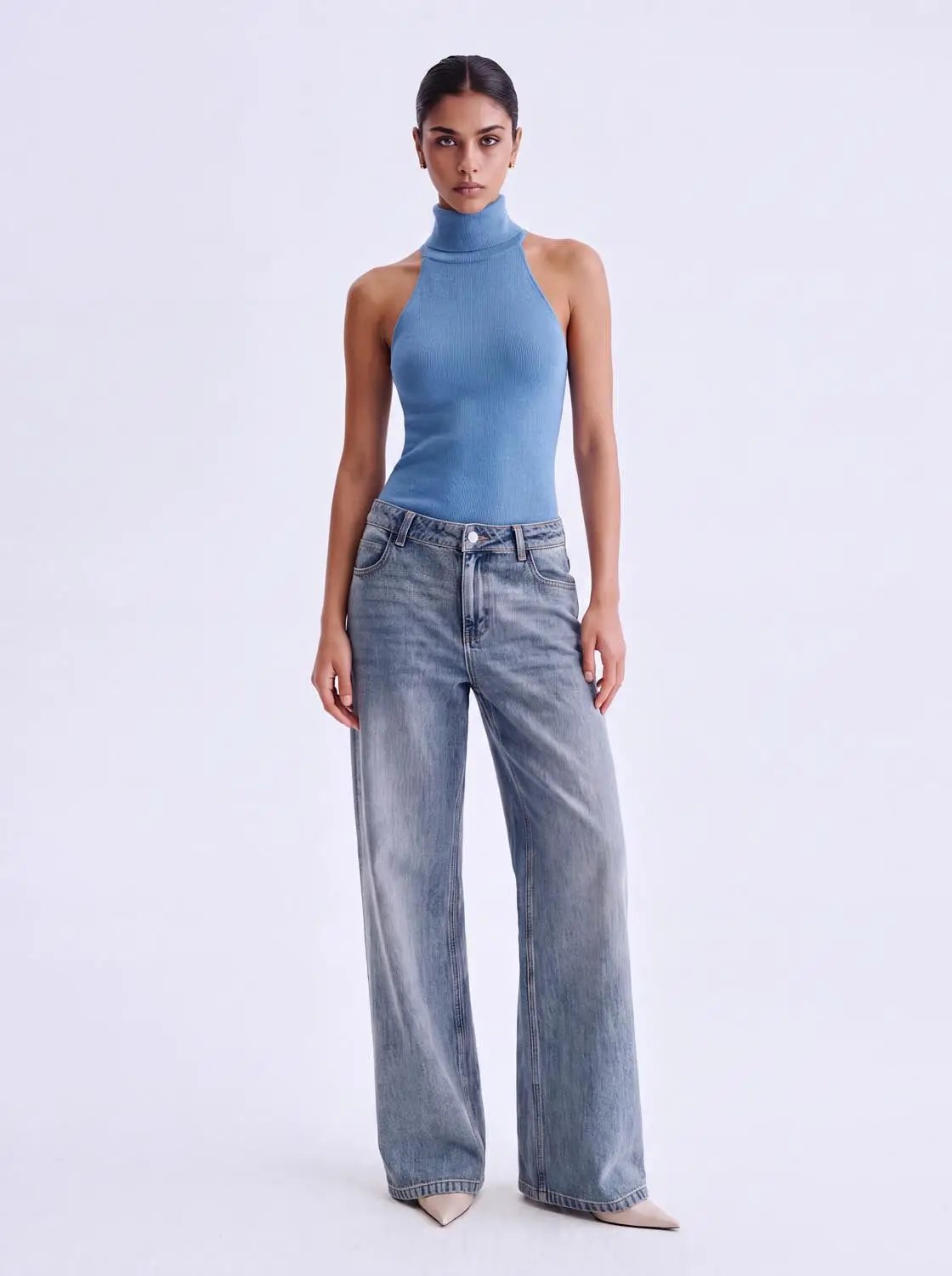 Knit T-Shirt blue ribbed knit sleeveless high-neck top by Urban Revivo Fashion
