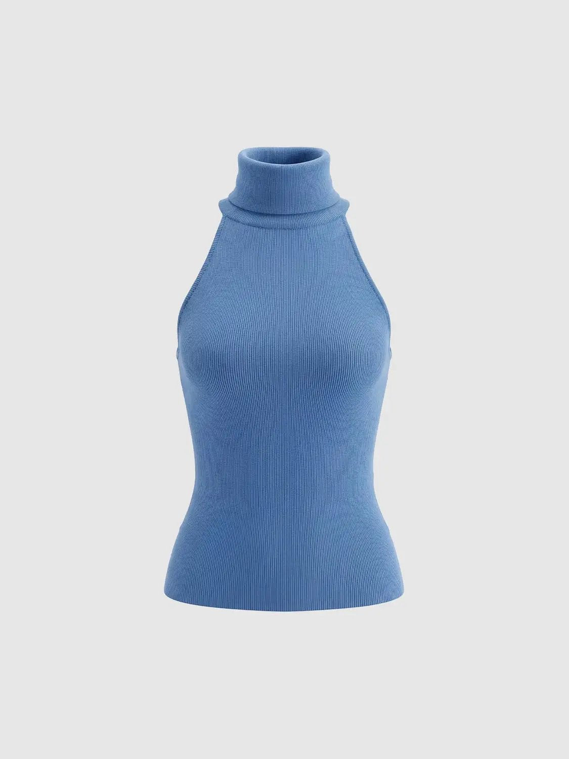 Knit T-Shirt blue ribbed high-neck sleeveless top by Urban Revivo Fashion