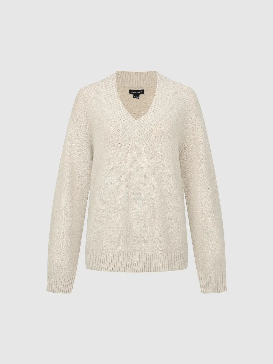 Knit T-Shirt by Urban Revivo Fashion in beige knitted fabric with V-neck.