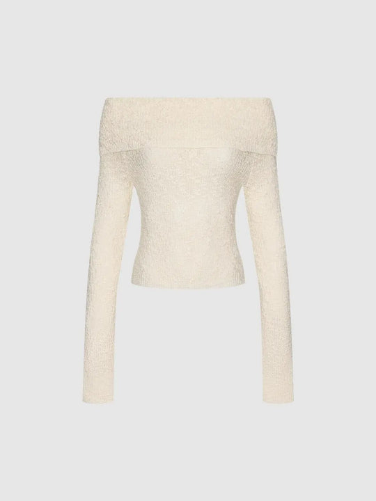 Textured Fitted Off-Shoulder Long Sleeve Pullover
