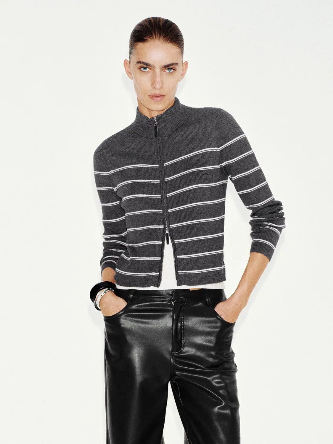 Knit jacket in charcoal grey with white horizontal stripes, zip front, Urban Revivo Fashion