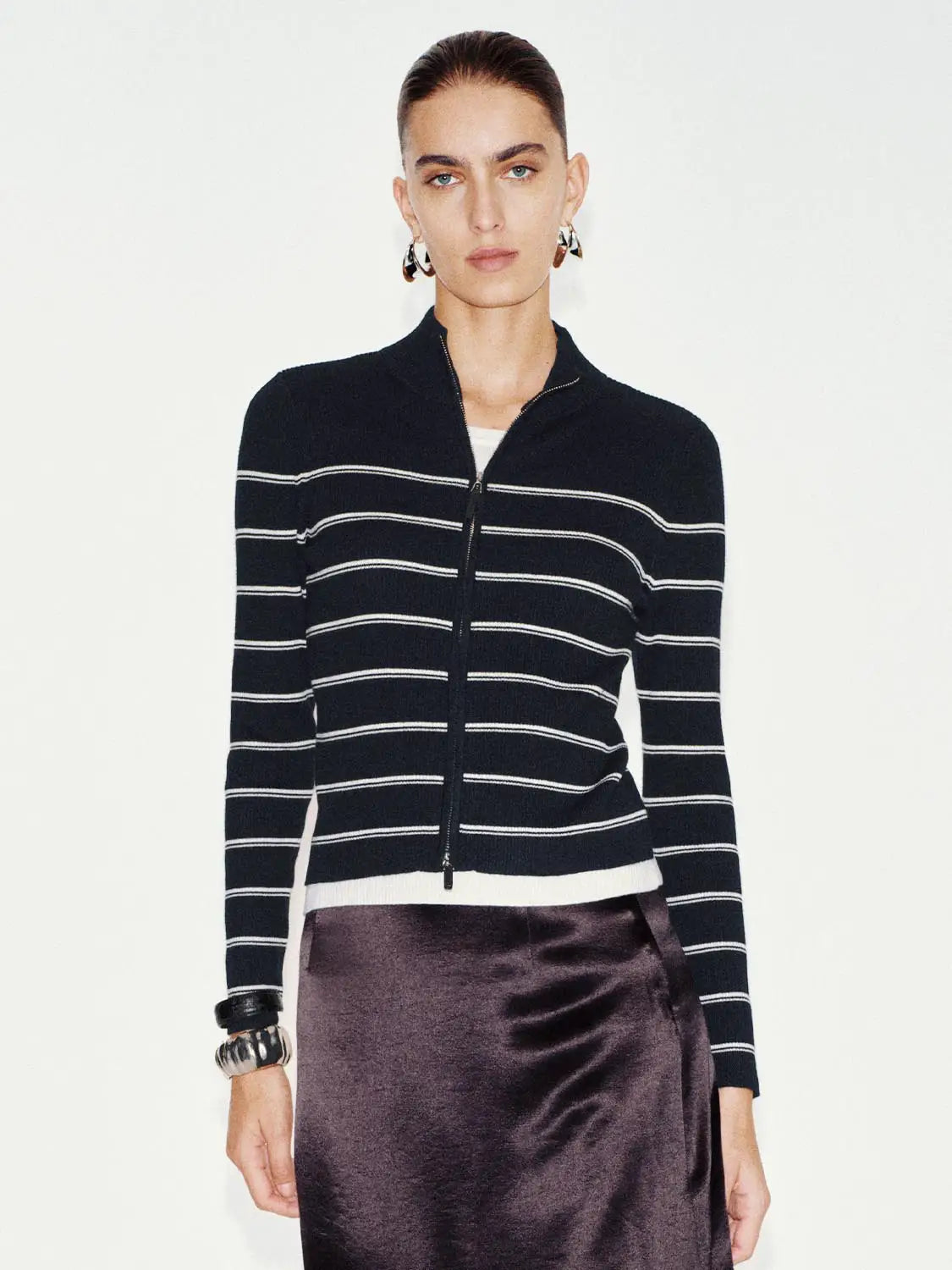 Knit jacket, navy with white horizontal stripes, zip-front