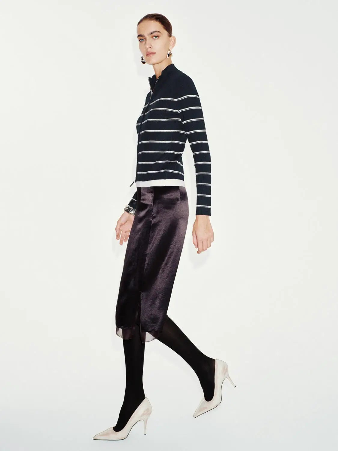 Knit jacket by Urban Revivo Fashion; navy with white horizontal stripes, long sleeves.