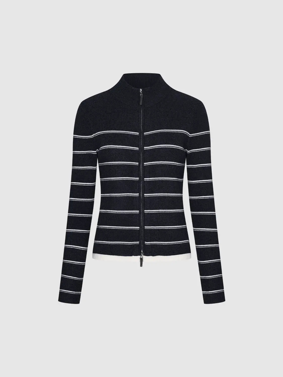 Knit jacket zip-front cardigan in navy with white horizontal stripes.