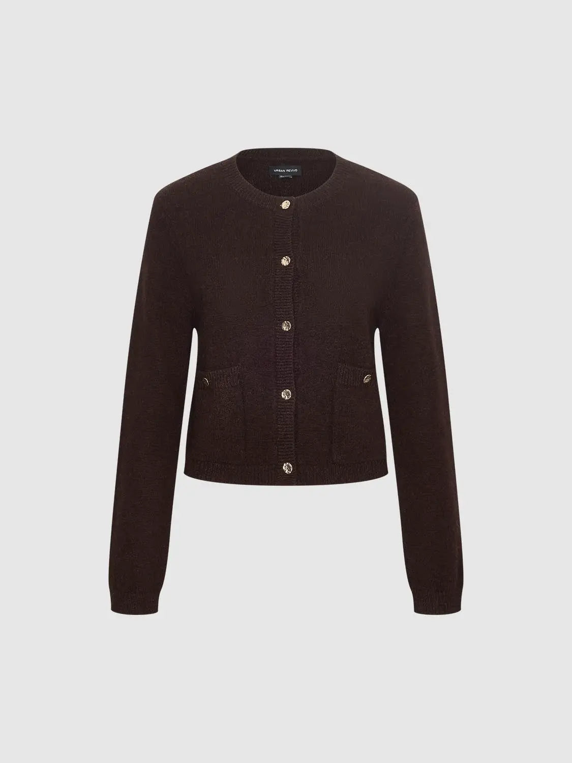 Knit Jacket by Urban Revivo, dark brown knitted cardigan with gold-tone buttons and two front pockets.