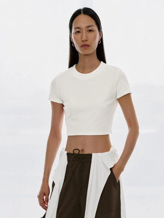 Viscose Blend Cropped Crew Neck Skinny Fit T Shirt