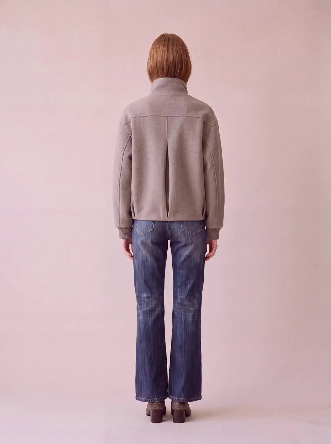 Funnel neck thick jacket in taupe, back pleat detail, women's outerwear