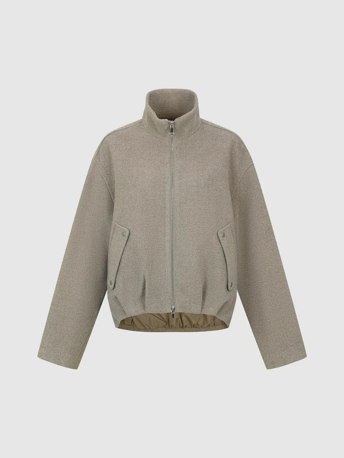 Funnel Neck Thick Jackets by Urban Revivo Fashion in beige with zip front and pocket flaps