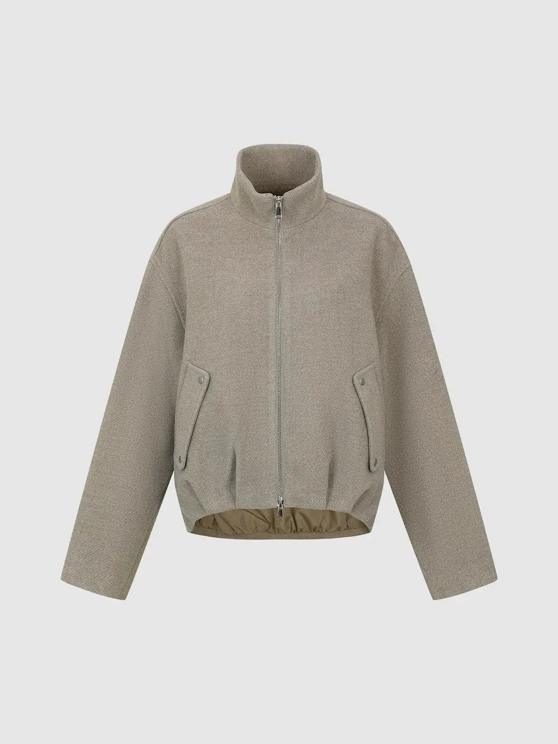 Funnel Neck Thick Jackets beige textured fleece with full-zip front and elastic hem