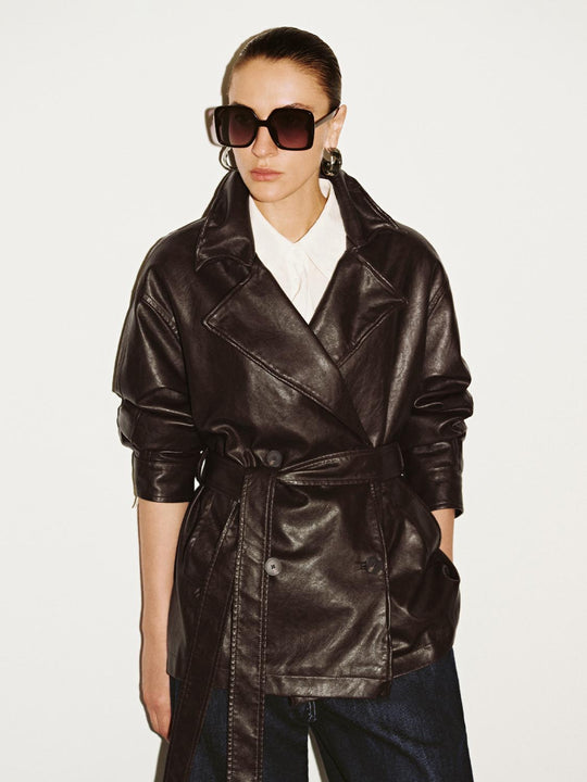 Double Breasted Belted Faux Leather Jackets