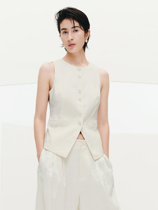 Linen Blend Button-Up Crew Neck Vest