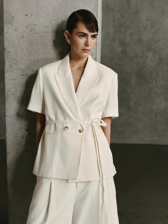 Linen Cotton Belted Double Breasted Shorts Sleeve Blazers