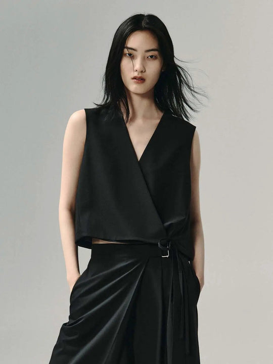 Wrap Cropped Wool Blend V-neck Sleeveless Vest