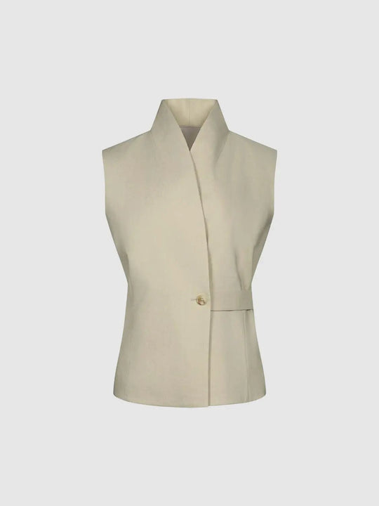 Structured Front Wrap Sleeveless Linen Blend Blazer