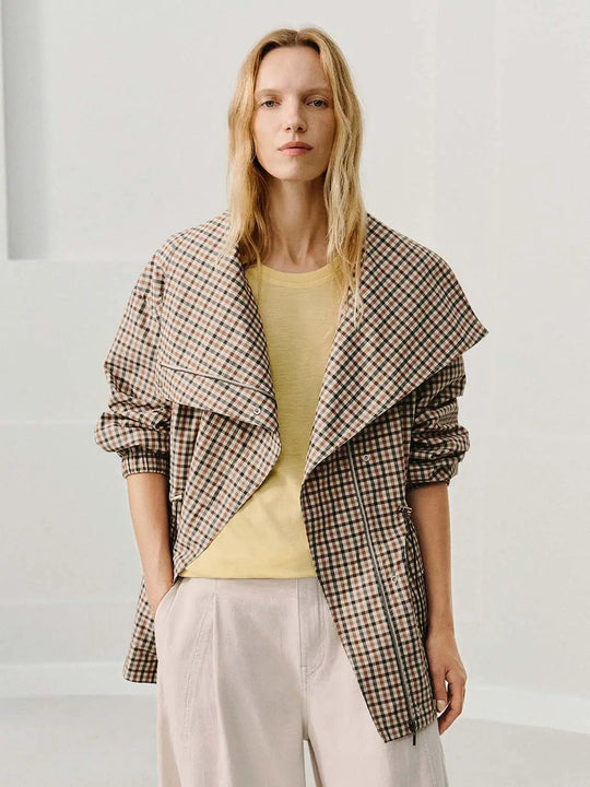 Checked Zip Front Drop Shoulder Long Sleeve Trench Coat