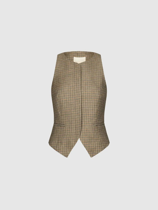 Checked Tailored Sleeveless Linen Blend Vest