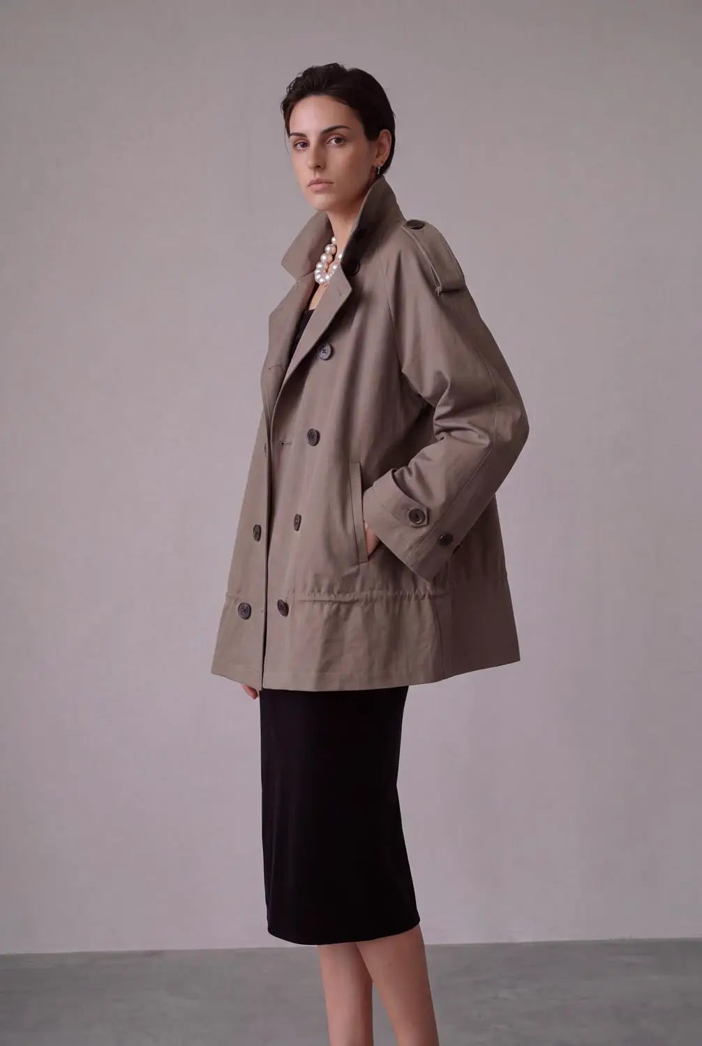 Trench Coat by Urban Revivo Fashion in taupe-beige, double-breasted with wide collar