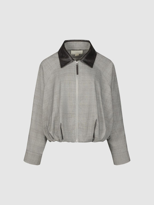 Checked Gathered Leather Collar Zip Long Sleeve Jacket