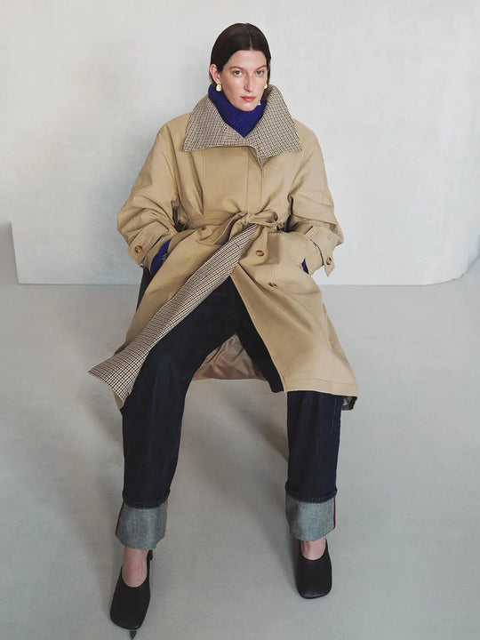 Belted Checked Collar Long Sleeve Cotton Blend Trench Coat