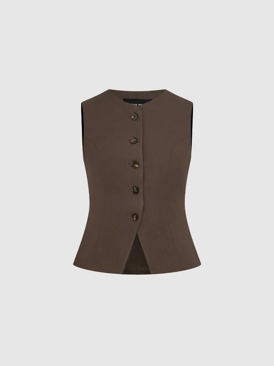 Textured Fitted Button Front Crew Neck Sleeveless Vest