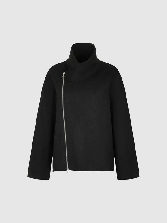 Asymmetric Zip-Up Wool Blend Long Sleeve Coat