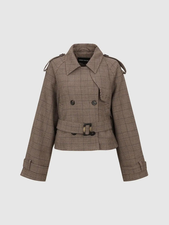 Double-breasted Checked Shirt Collar Long Sleeve Belted Jacket