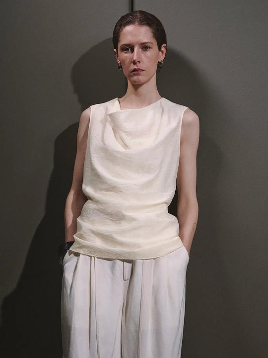 Lyocell Cupro Linen Cowl Neck Sleeveless Top