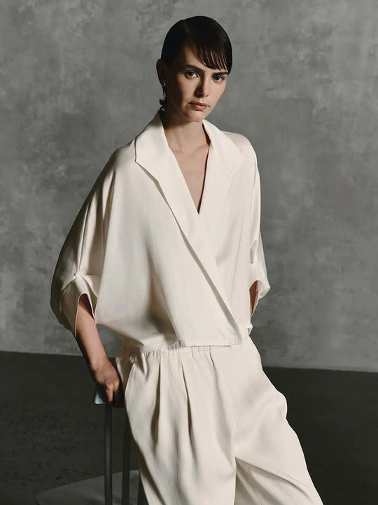 Cupro Lyocell Linen Blend Thin Stretch Wrap Blouses