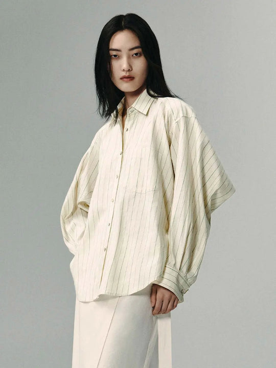 Pinstriped Oversized Long Sleeve Cotton Linen Shirt