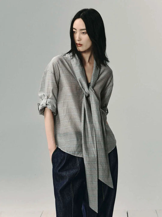 Plaid Tie Front Cotton Silk Shirt
