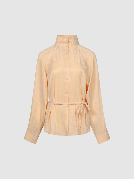 Textured Tie-waist Mock Neck Long Sleeve Shirt