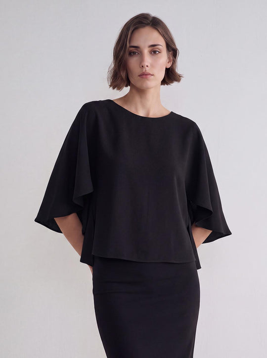 Draped Solid Oversized Crew Neck Long Sleeve Blouse