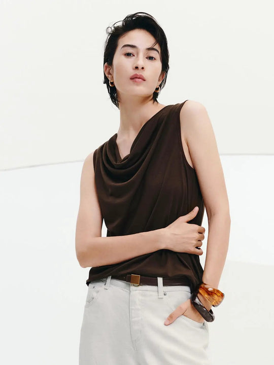 Soft Cowl Neck Lyocell Wool Blend Tank Top